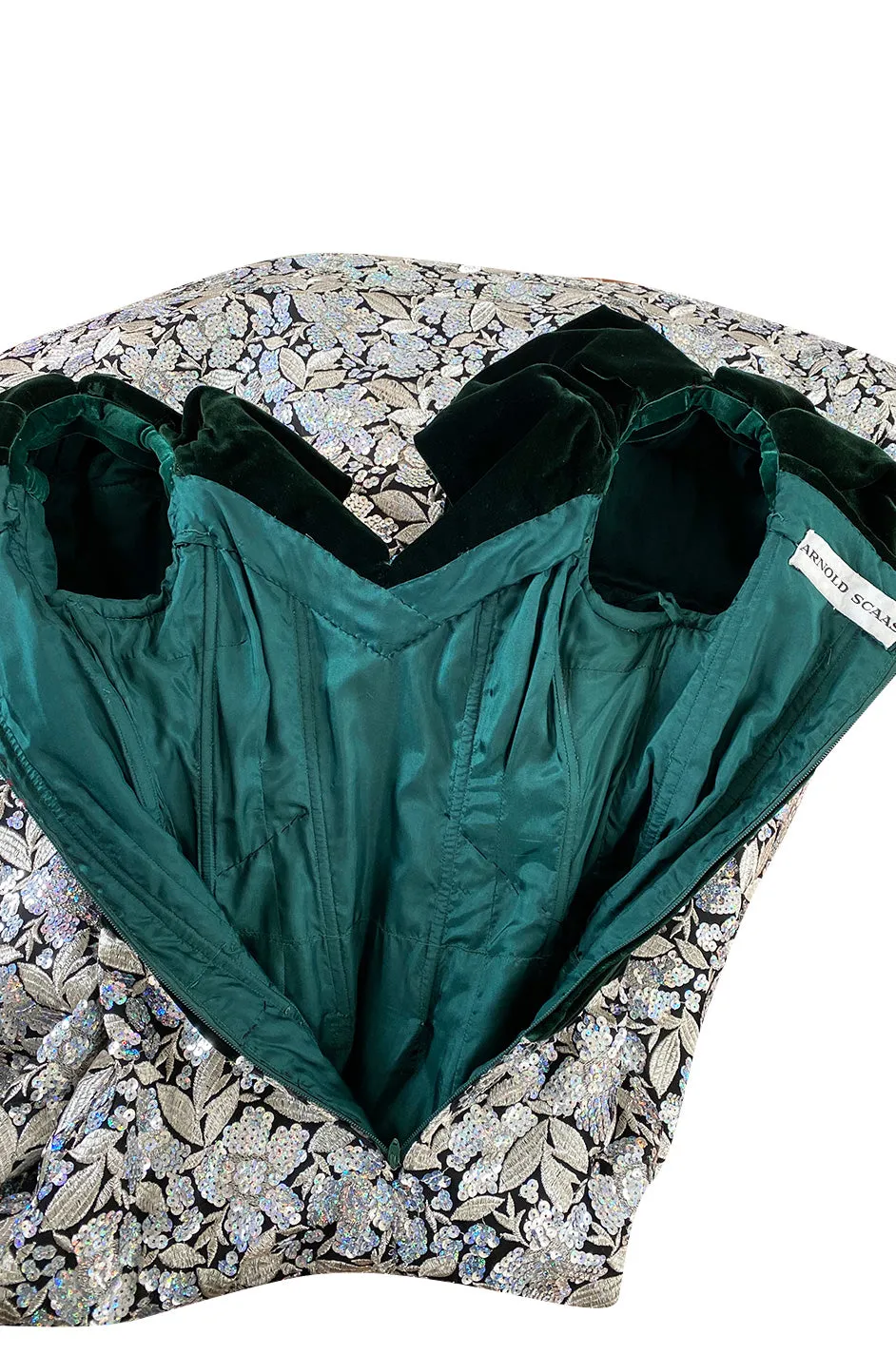 Spring 1992 Arnold Scaasi Couture Deep Green Velvet & Embroidered Silver Thread & Sequin Dress