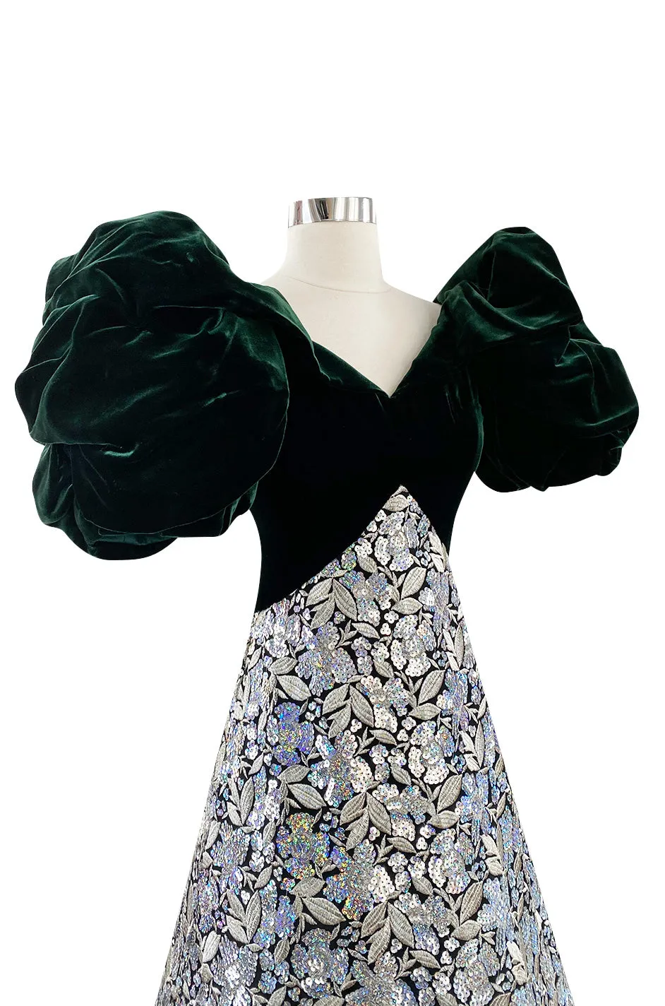 Spring 1992 Arnold Scaasi Couture Deep Green Velvet & Embroidered Silver Thread & Sequin Dress