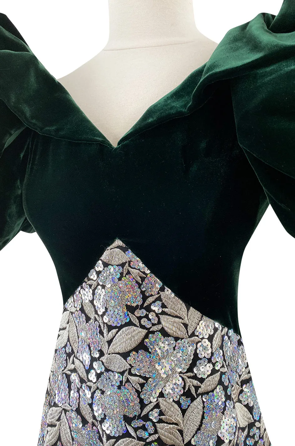 Spring 1992 Arnold Scaasi Couture Deep Green Velvet & Embroidered Silver Thread & Sequin Dress