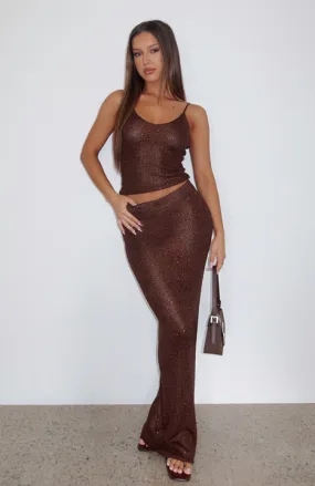 Star Shining Sequin Knit Maxi Skirt Chocolate