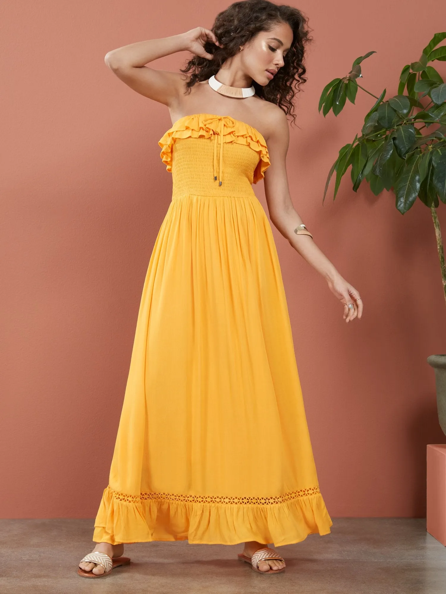 Strapless Smocked Ruffle-Top Maxi Dress