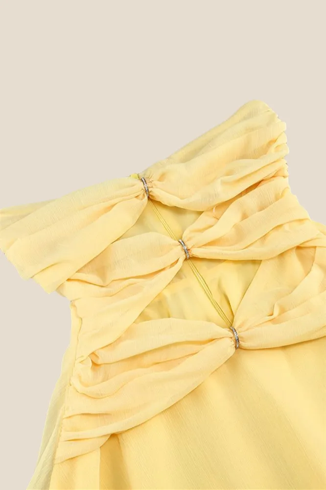 Strapless Yellow Cut-out Ruched A-line Short Dress