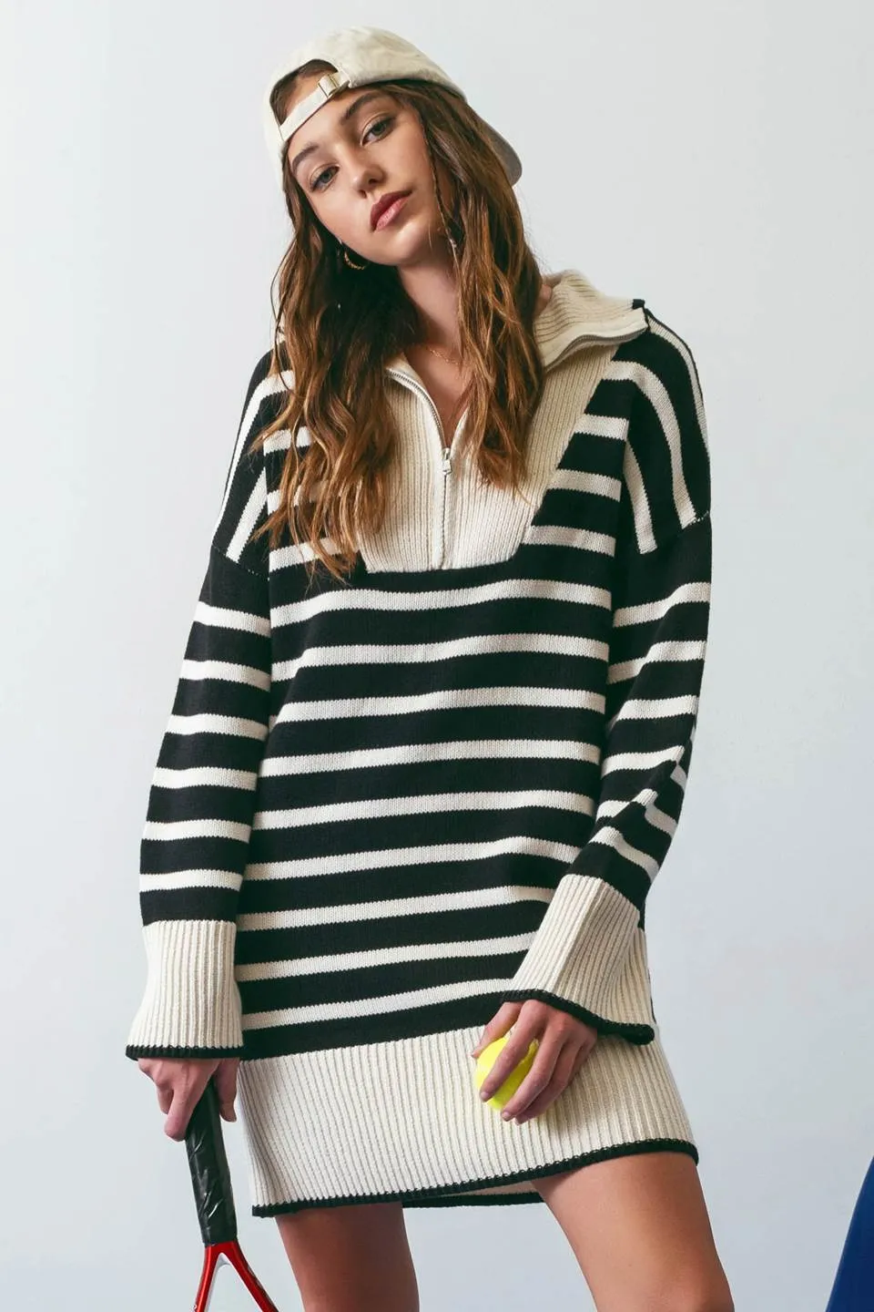 STRIPED COLLARED KNIT SWEATER DRESS