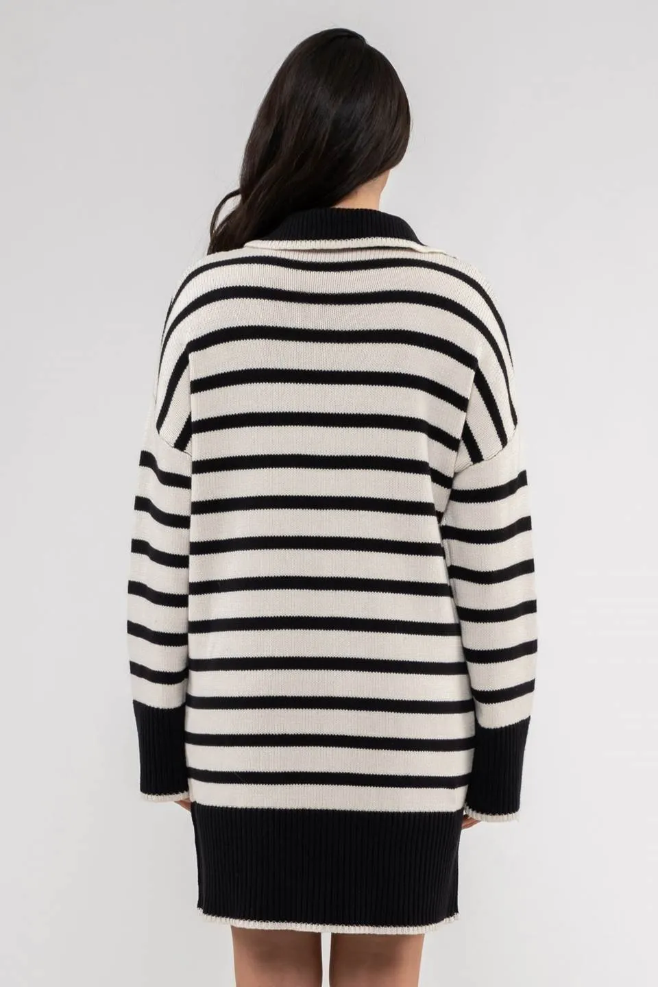 STRIPED COLLARED KNIT SWEATER DRESS