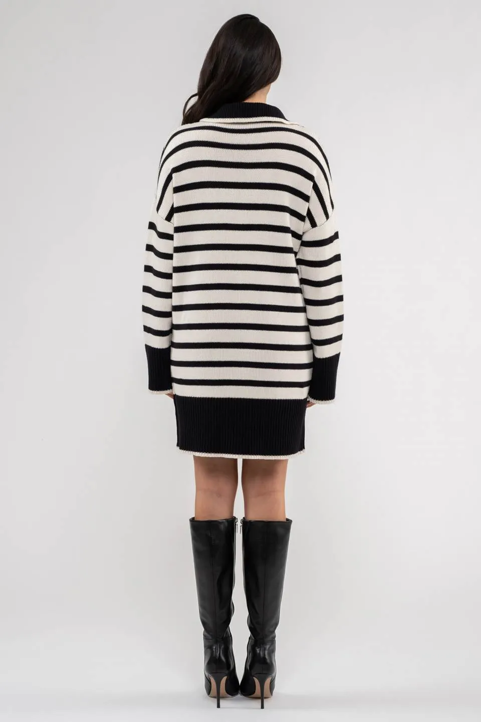 STRIPED COLLARED KNIT SWEATER DRESS