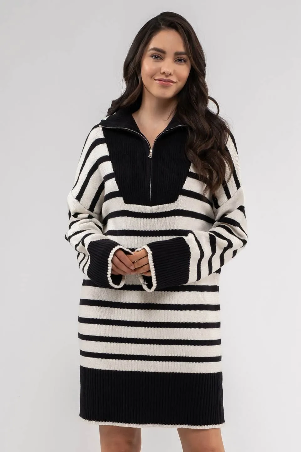 STRIPED COLLARED KNIT SWEATER DRESS