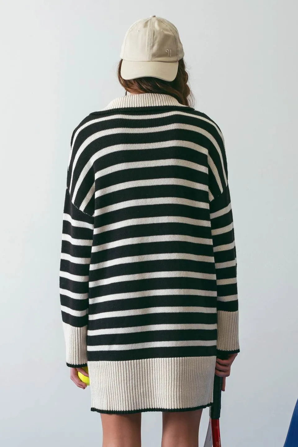 STRIPED COLLARED KNIT SWEATER DRESS