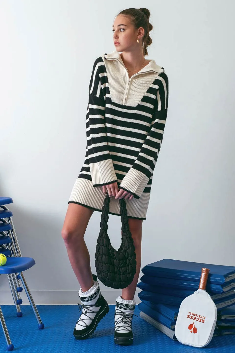 STRIPED COLLARED KNIT SWEATER DRESS