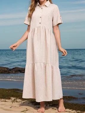 Striped Collared Neck Short Sleeve Dress