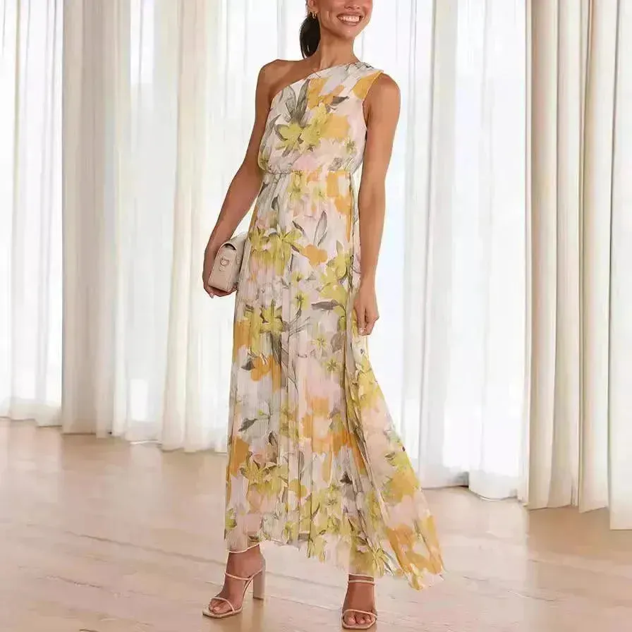 Summer Printed Oblique Shoulder Elastic Waist Vacation Floral Sleeveless Midi Dress