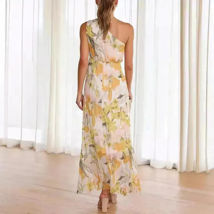 Summer Printed Oblique Shoulder Elastic Waist Vacation Floral Sleeveless Midi Dress