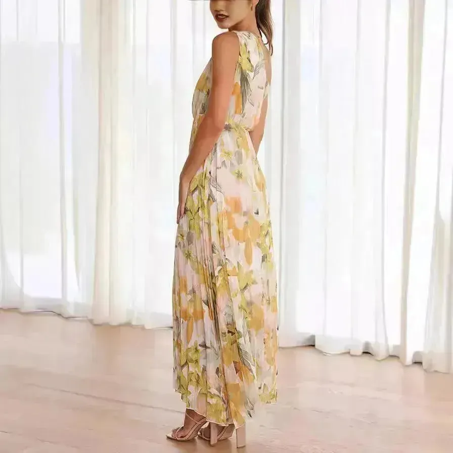 Summer Printed Oblique Shoulder Elastic Waist Vacation Floral Sleeveless Midi Dress