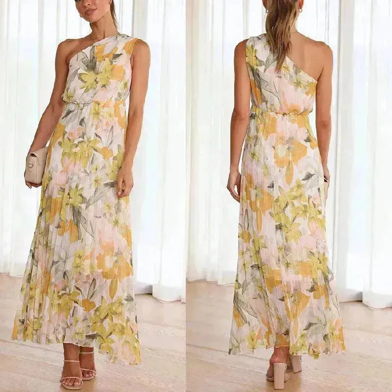 Summer Printed Oblique Shoulder Elastic Waist Vacation Floral Sleeveless Midi Dress