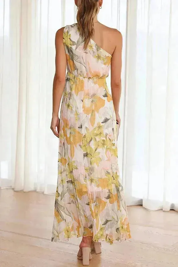 Summer Printed Oblique Shoulder Elastic Waist Vacation Floral Sleeveless Midi Dress