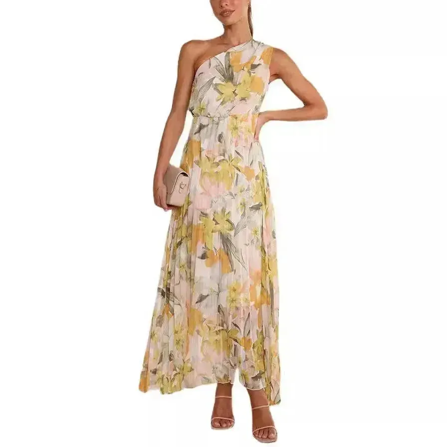 Summer Printed Oblique Shoulder Elastic Waist Vacation Floral Sleeveless Midi Dress