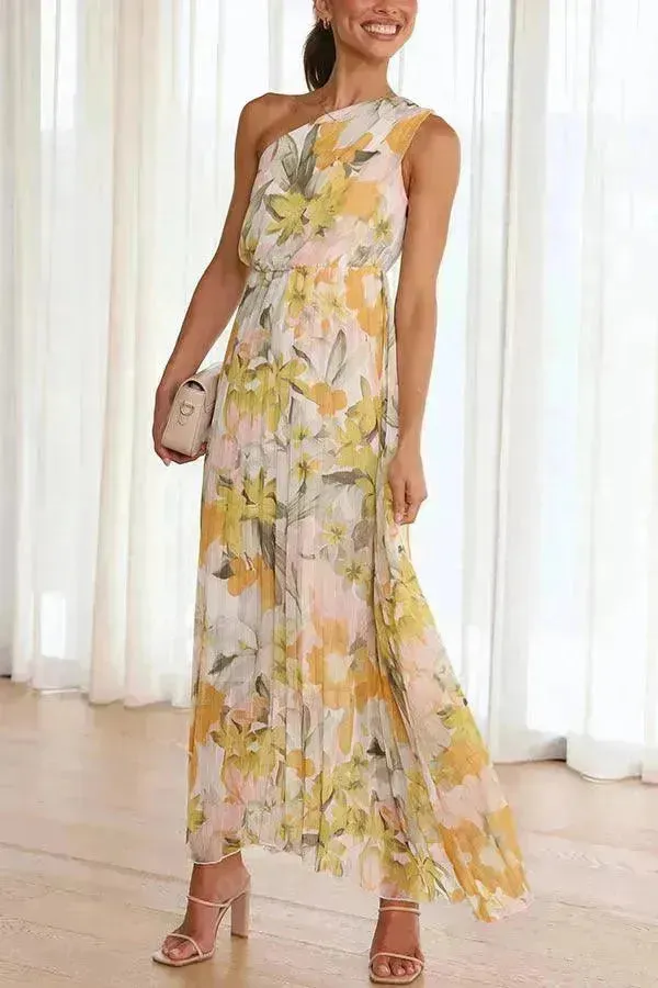 Summer Printed Oblique Shoulder Elastic Waist Vacation Floral Sleeveless Midi Dress