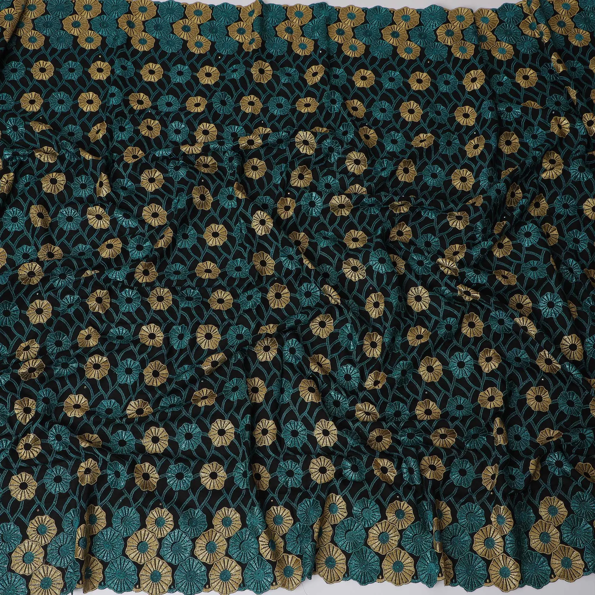 Teal, Black Premium Swiss Cotton Voile Fabric with Gold Floral Embroidery - Traditional Thobe Material, 140 cm Wide-D20203