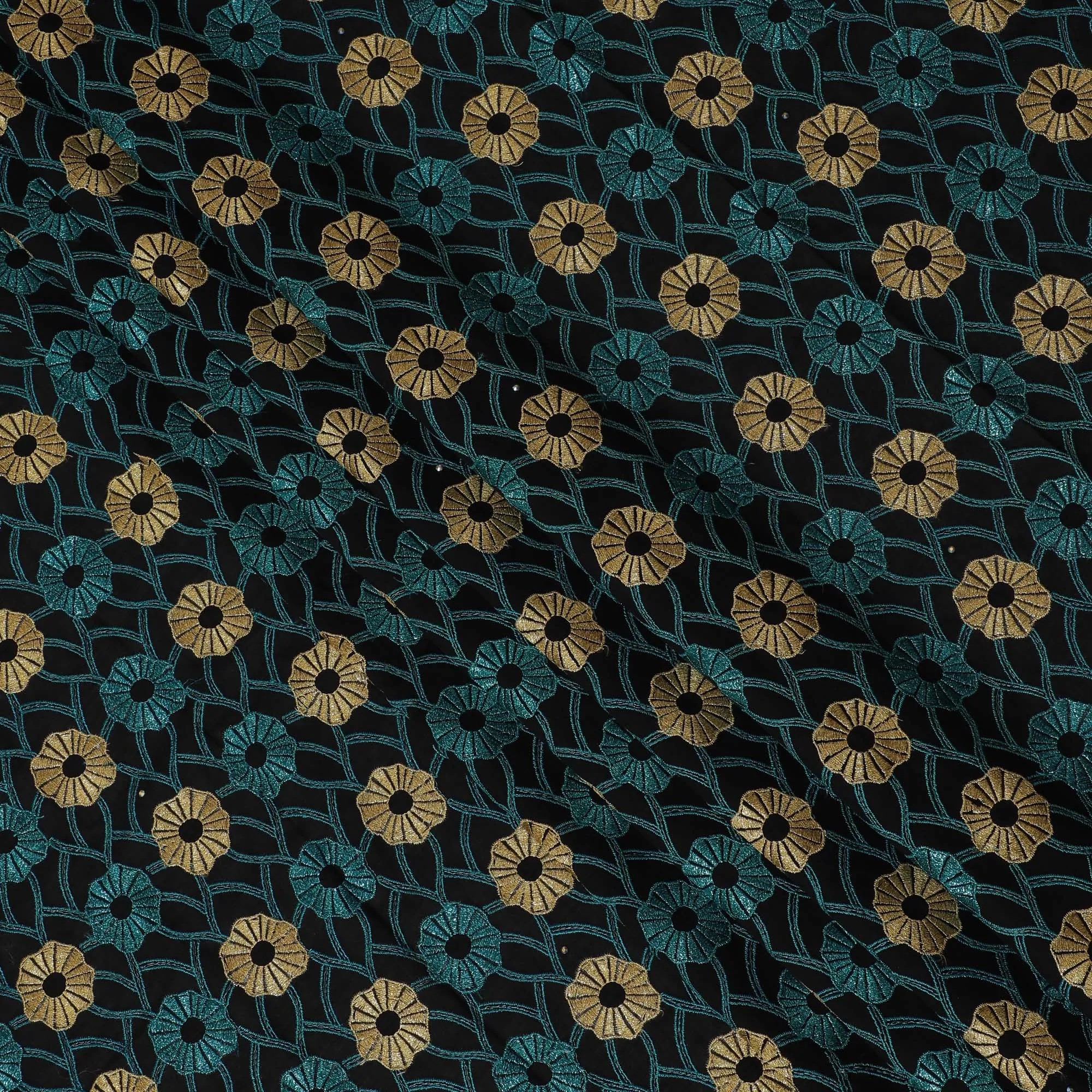 Teal, Black Premium Swiss Cotton Voile Fabric with Gold Floral Embroidery - Traditional Thobe Material, 140 cm Wide-D20203