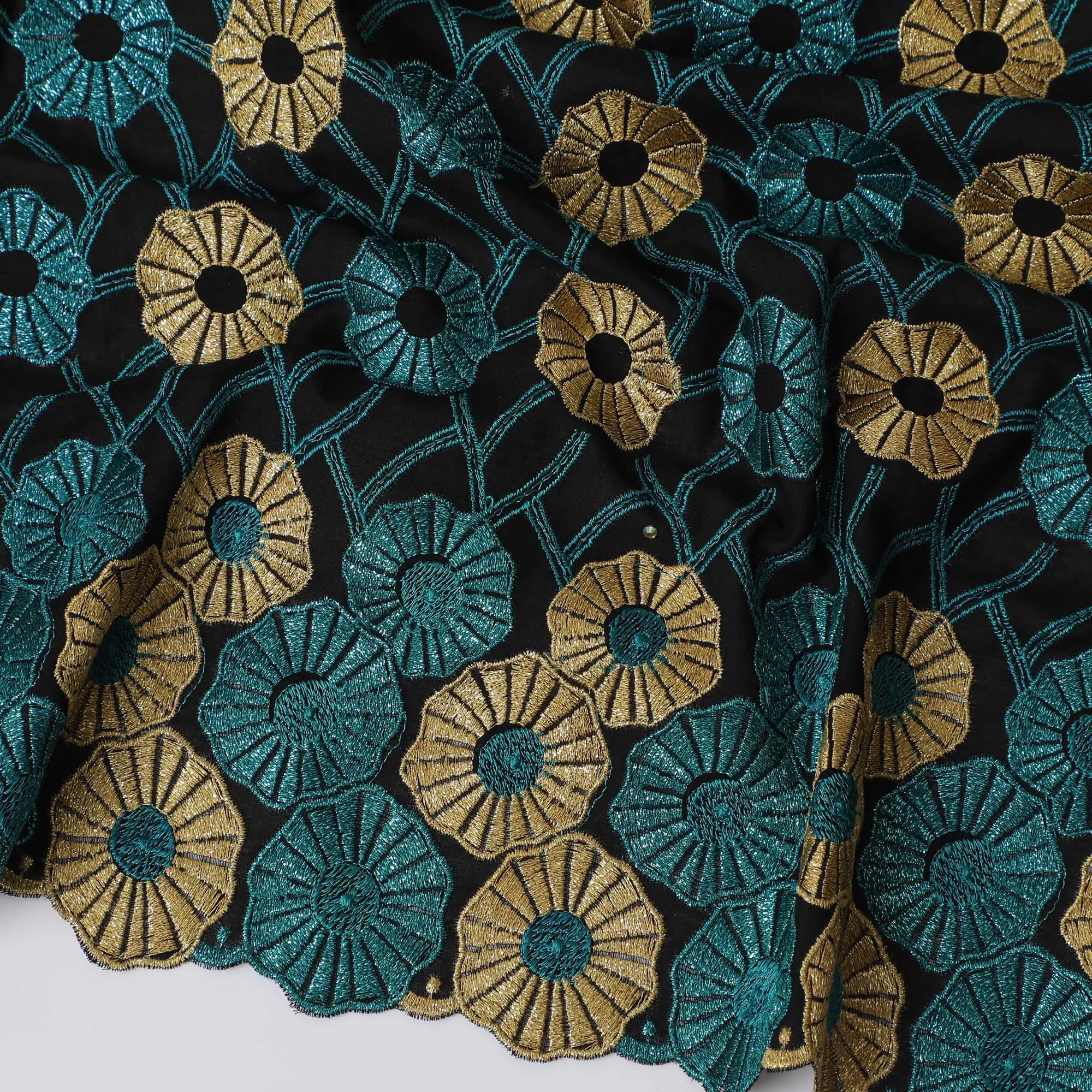 Teal, Black Premium Swiss Cotton Voile Fabric with Gold Floral Embroidery - Traditional Thobe Material, 140 cm Wide-D20203