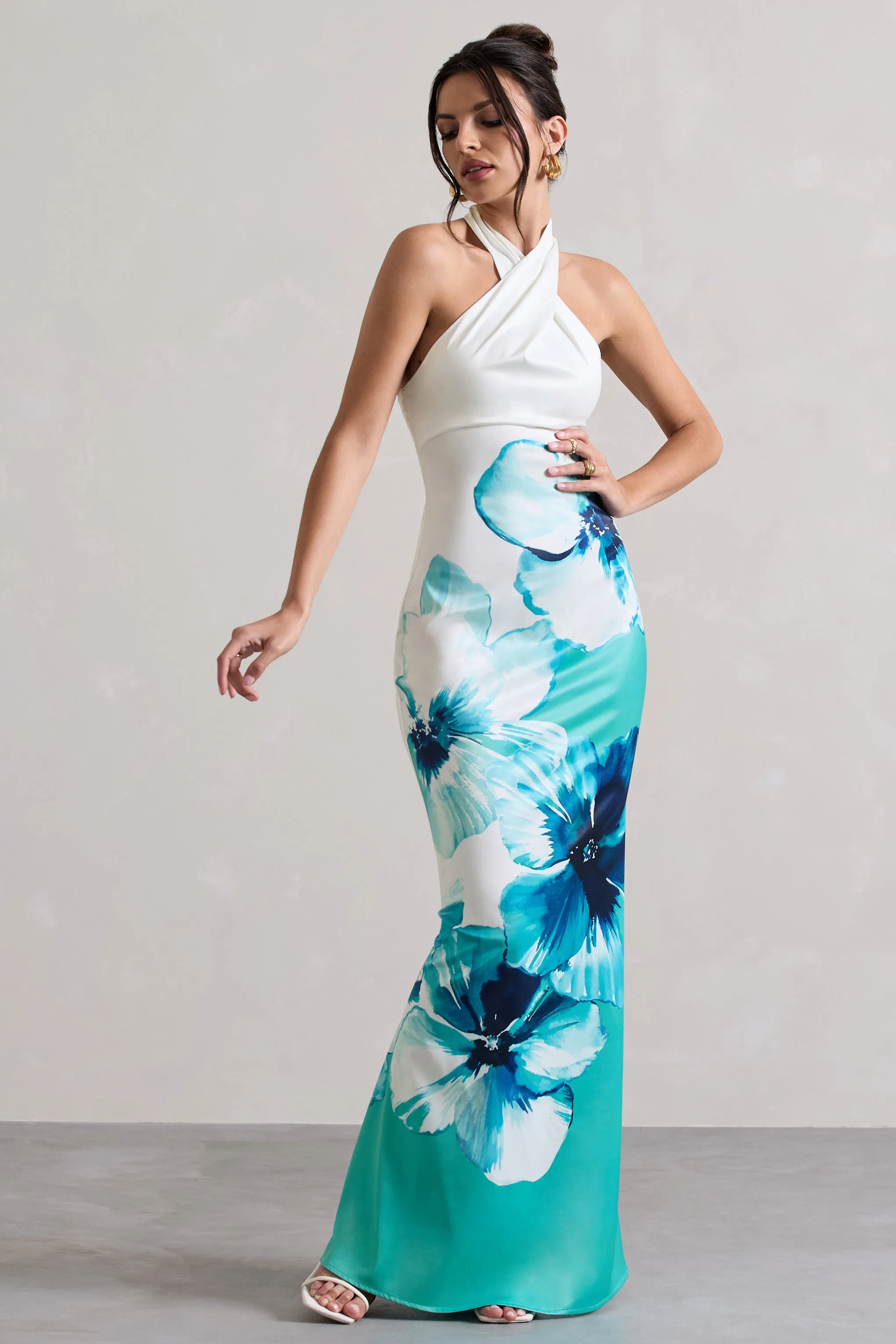 Tropicana | Blue Floral Satin Cross Over Halterneck Maxi Dress