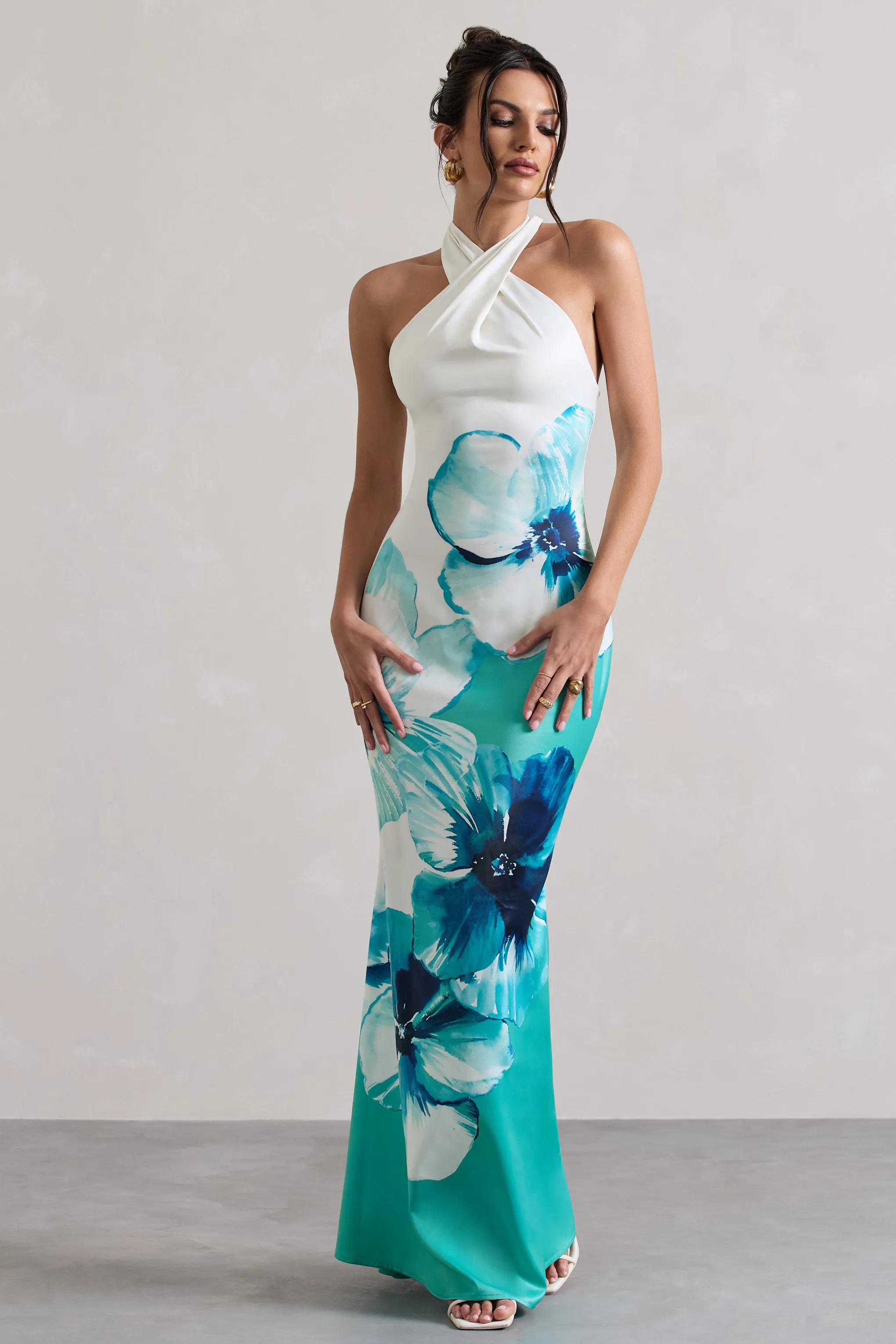 Tropicana | Blue Floral Satin Cross Over Halterneck Maxi Dress