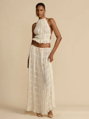 Vacation 2 Piece Piped Chiffon Backless Top & Ruched Maxi Skirt