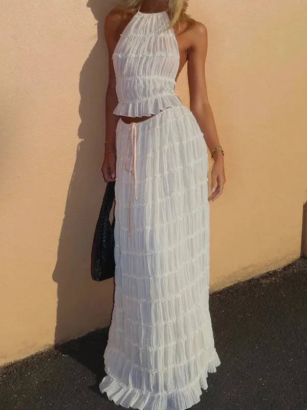 Vacation 2 Piece Piped Chiffon Backless Top & Ruched Maxi Skirt