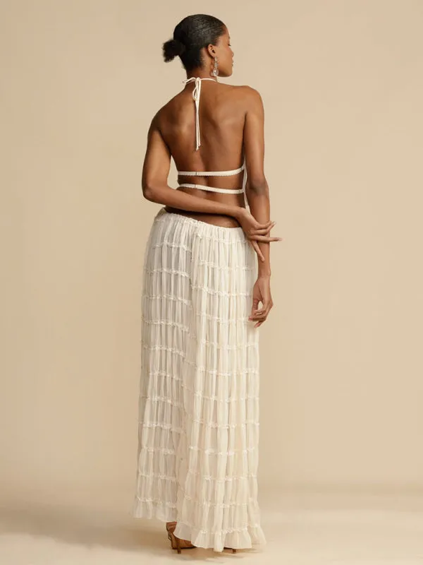 Vacation 2 Piece Piped Chiffon Backless Top & Ruched Maxi Skirt