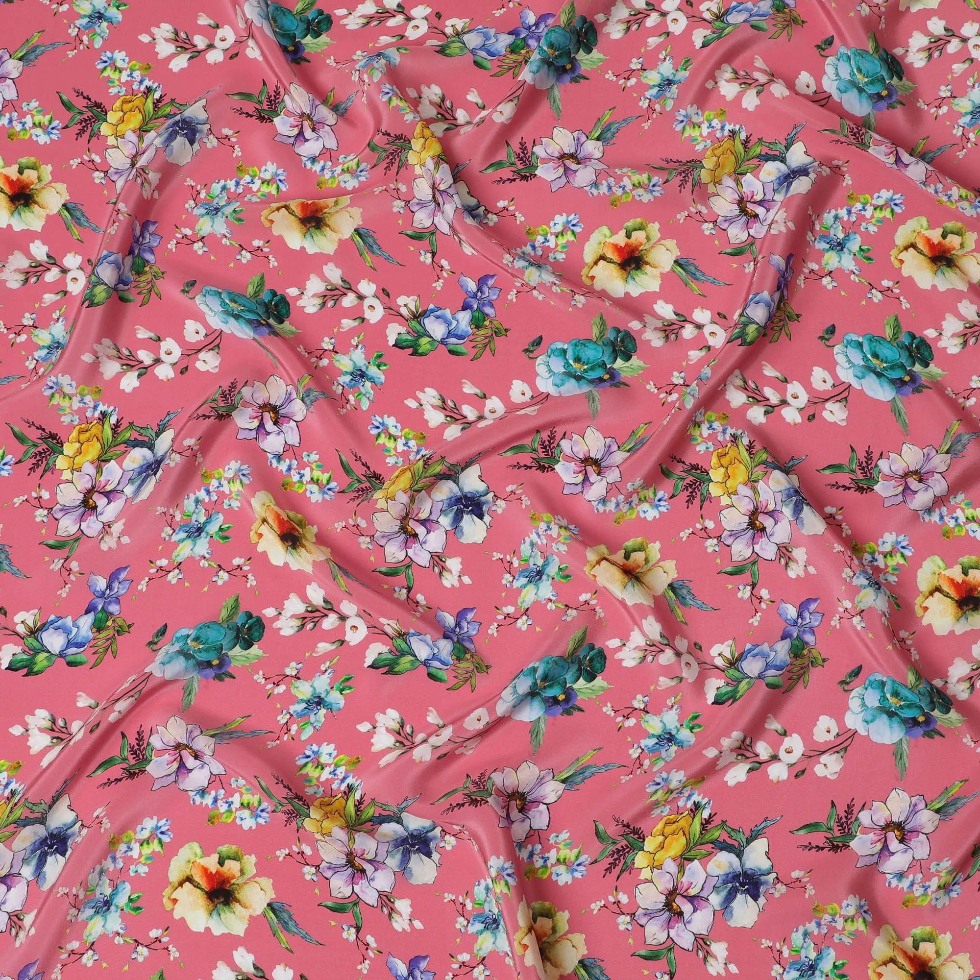 Vibrant Spring Medley Viscose Fabric, 110 cm Width - Lively Floral Mix on Coral Pink-D18733