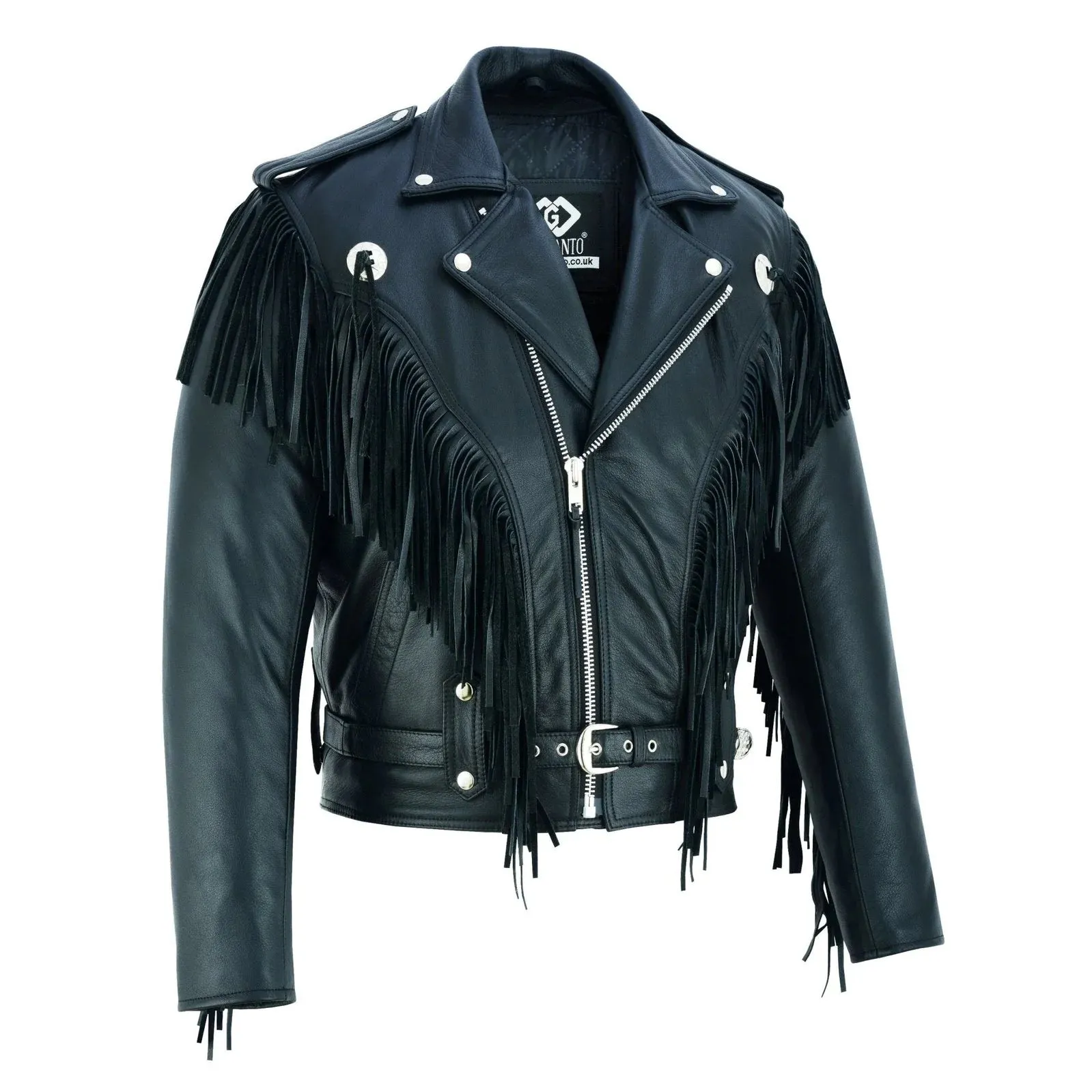 Vintage Black Fringe Leather Motorcycle Jacket - Tassle Concho Premium Biker