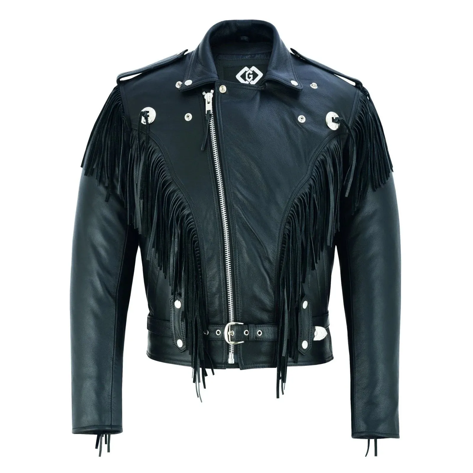 Vintage Black Fringe Leather Motorcycle Jacket - Tassle Concho Premium Biker