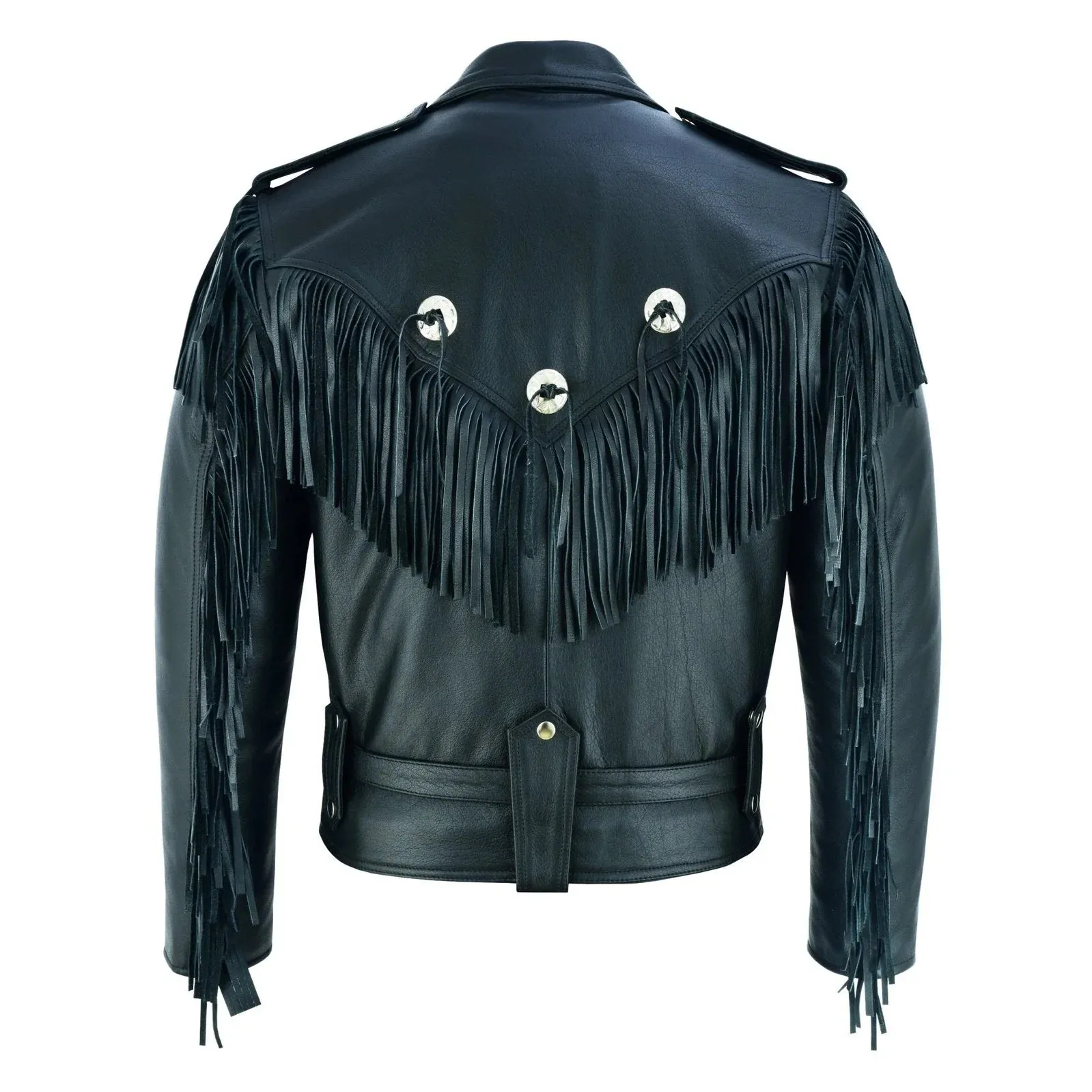 Vintage Black Fringe Leather Motorcycle Jacket - Tassle Concho Premium Biker