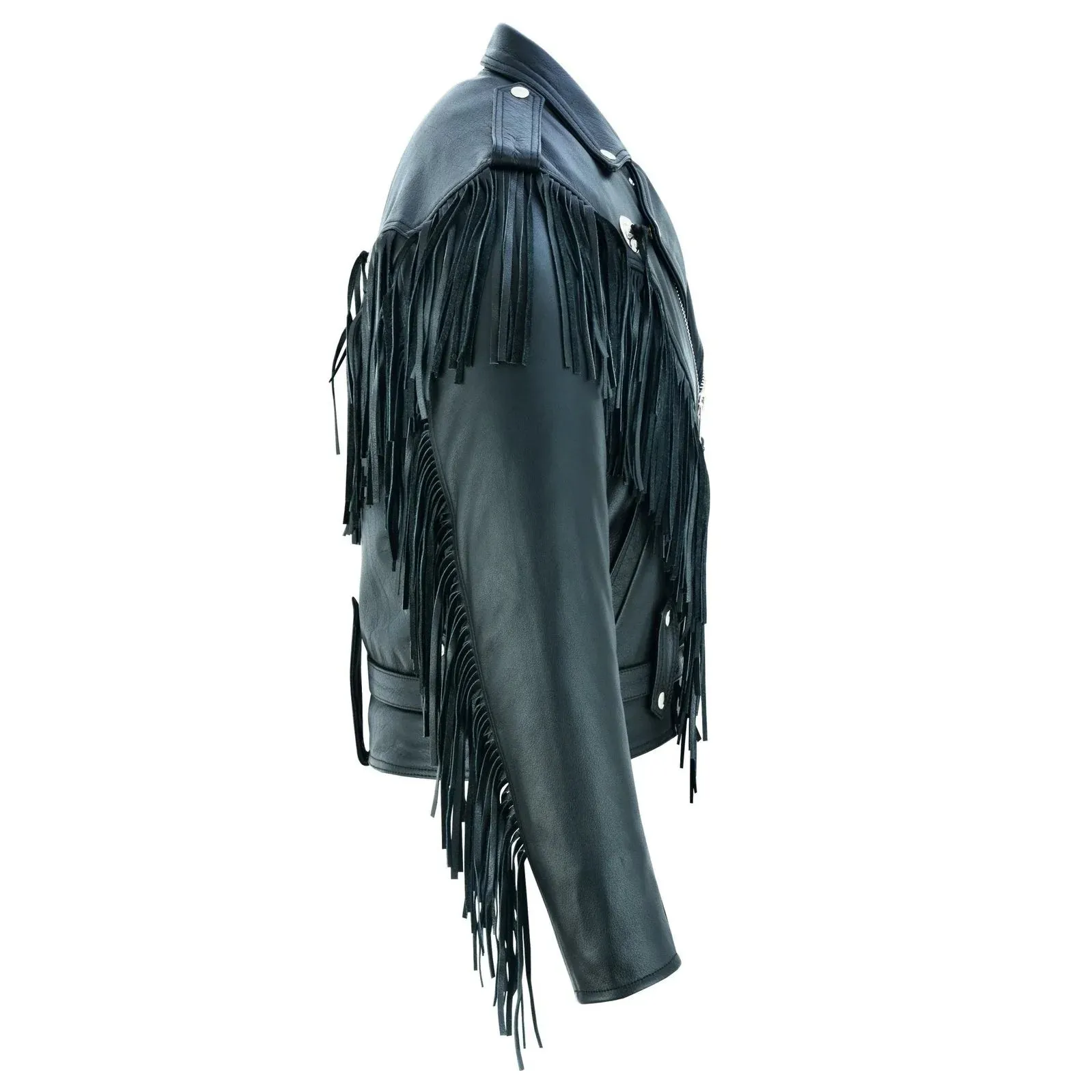 Vintage Black Fringe Leather Motorcycle Jacket - Tassle Concho Premium Biker