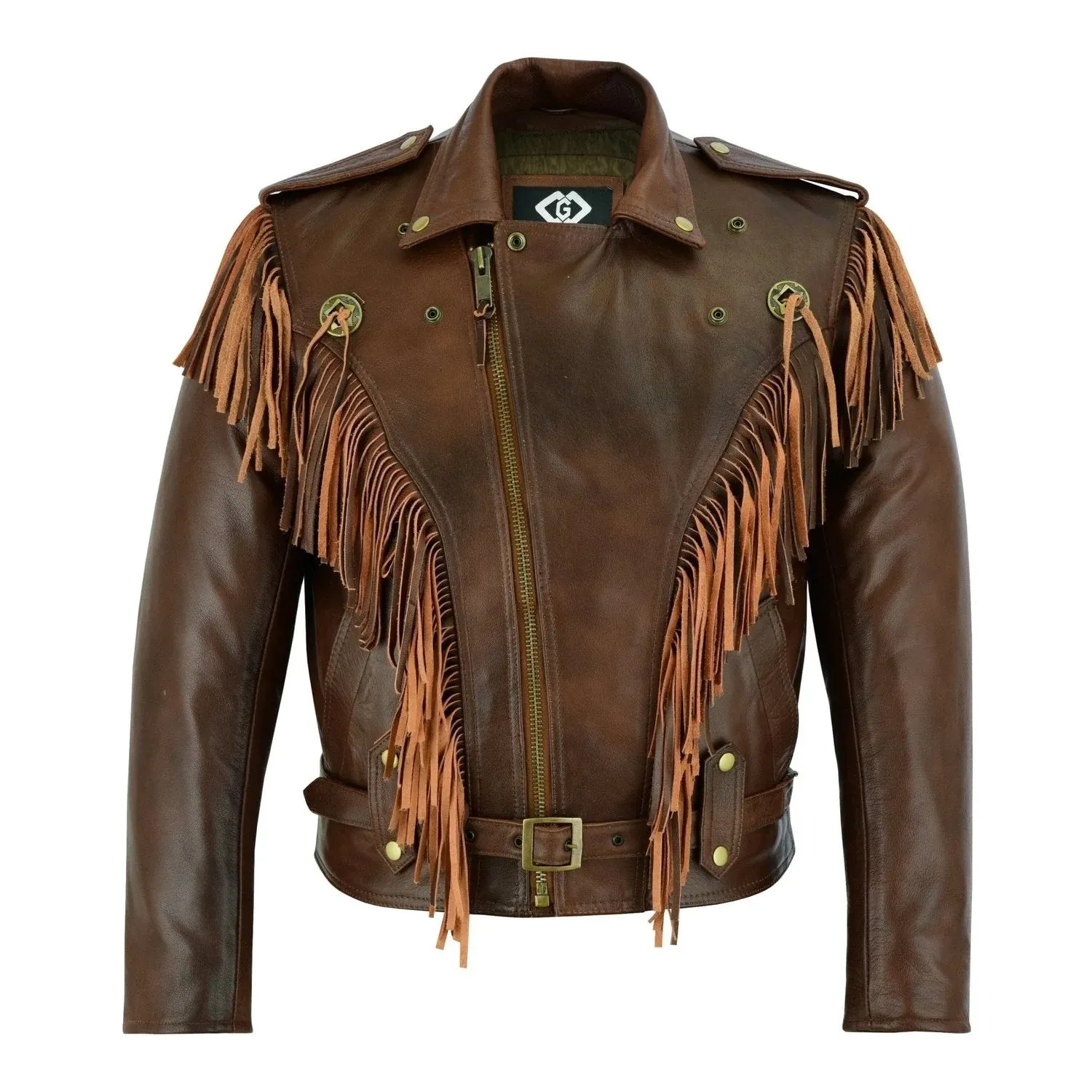 Vintage Black Fringe Leather Motorcycle Jacket - Tassle Concho Premium Biker