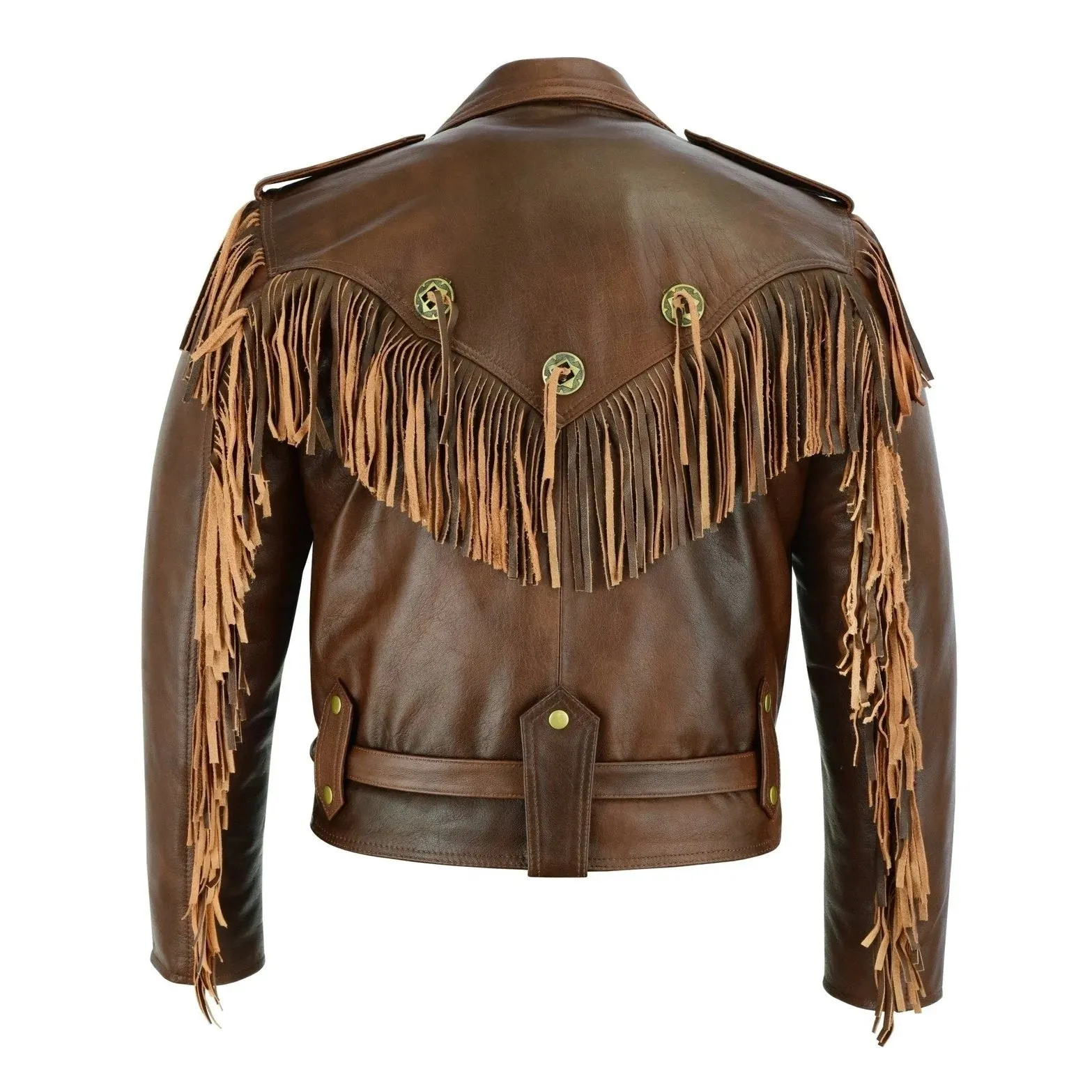 Vintage Black Fringe Leather Motorcycle Jacket - Tassle Concho Premium Biker