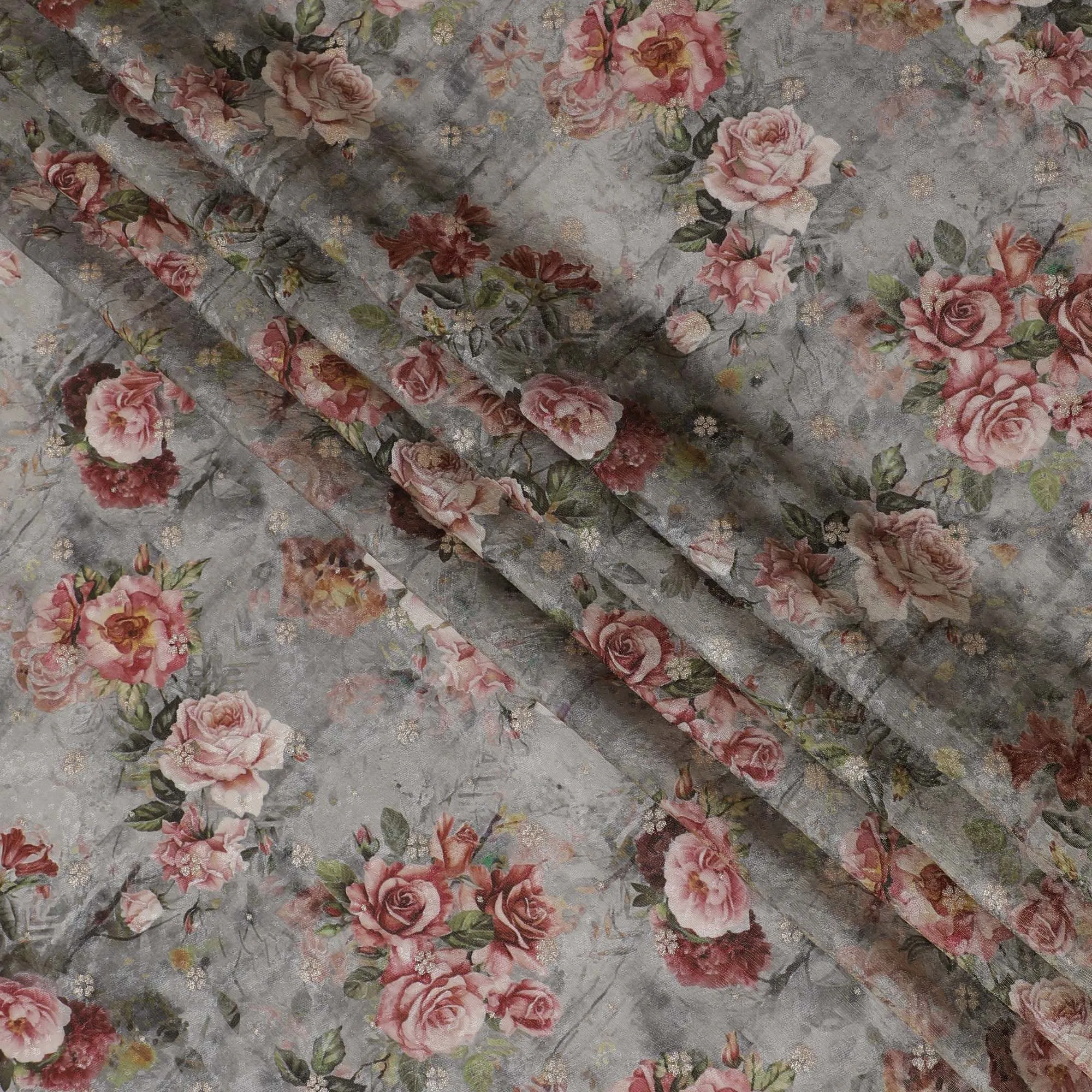 Vintage Floral Elegance Viscose Fabric, Soft Rose Print on Grey, 110 cm Wide-D19210