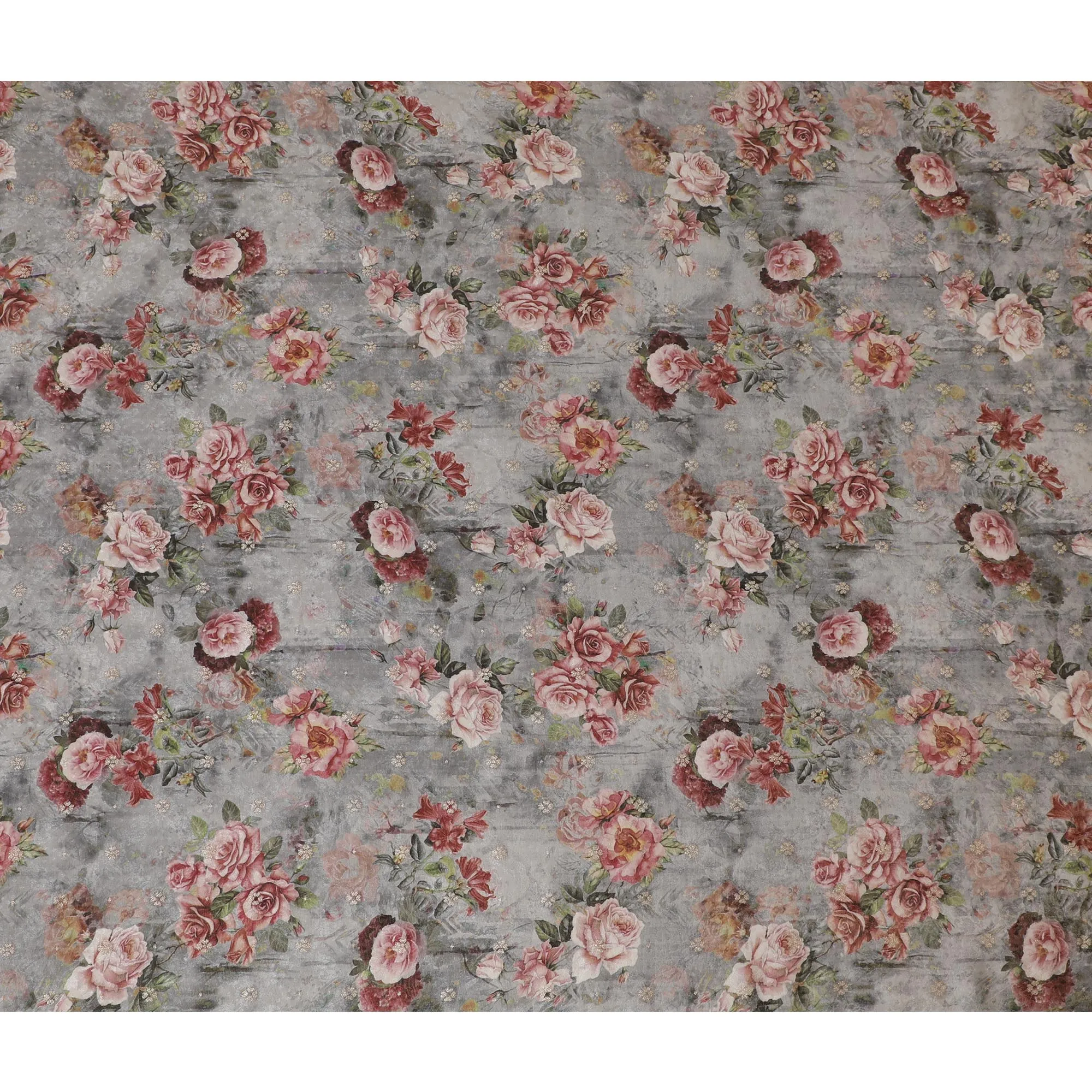 Vintage Floral Elegance Viscose Fabric, Soft Rose Print on Grey, 110 cm Wide-D19210