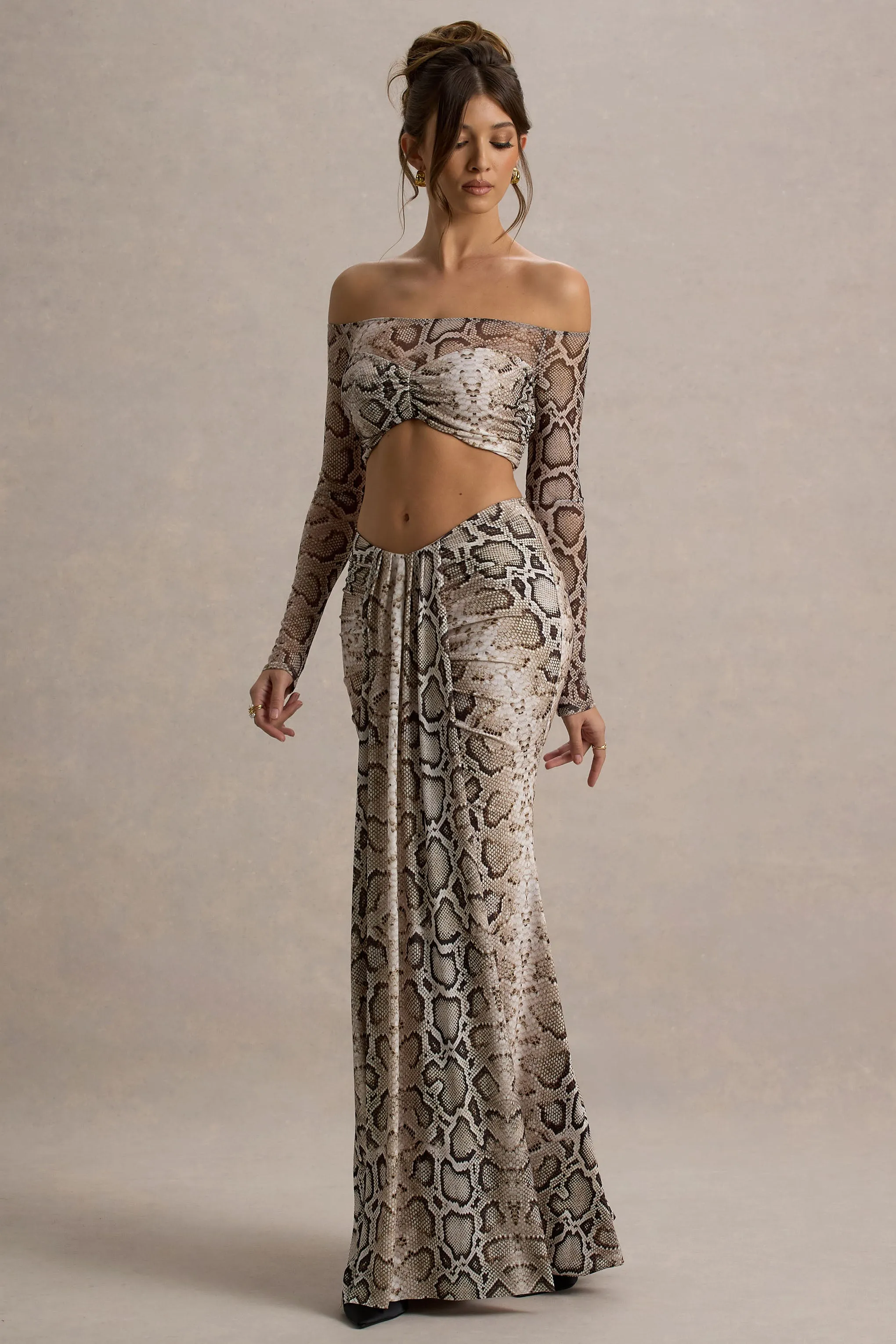 Vitality | Snake Print Ruched Drape Maxi Skirt