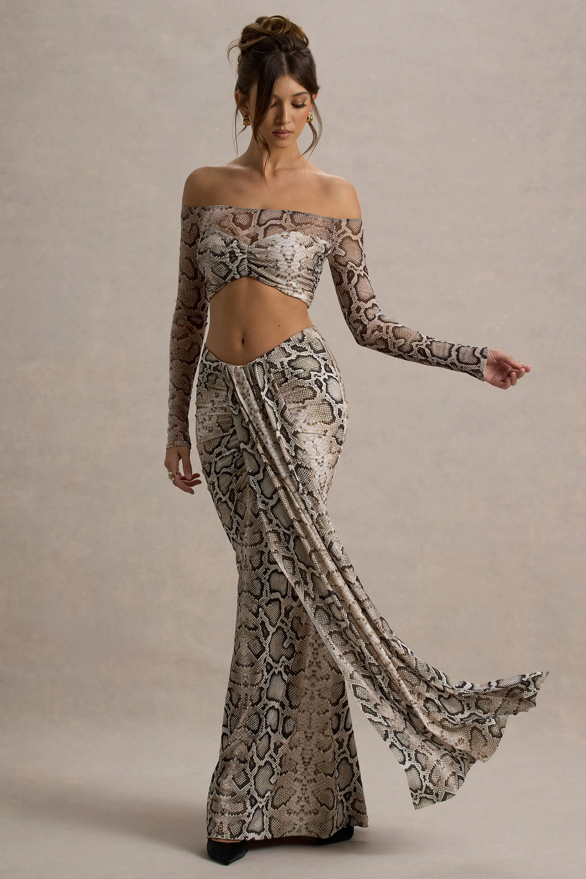 Vitality | Snake Print Ruched Drape Maxi Skirt