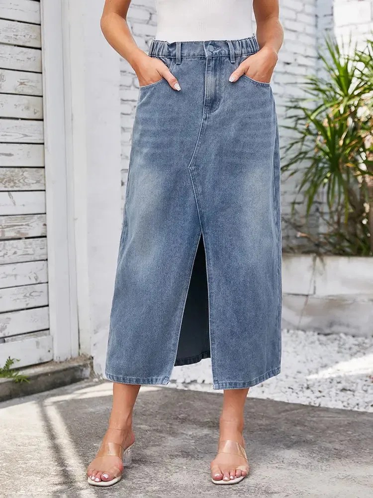 Washed Elastic Waist Denim Midi Skirt