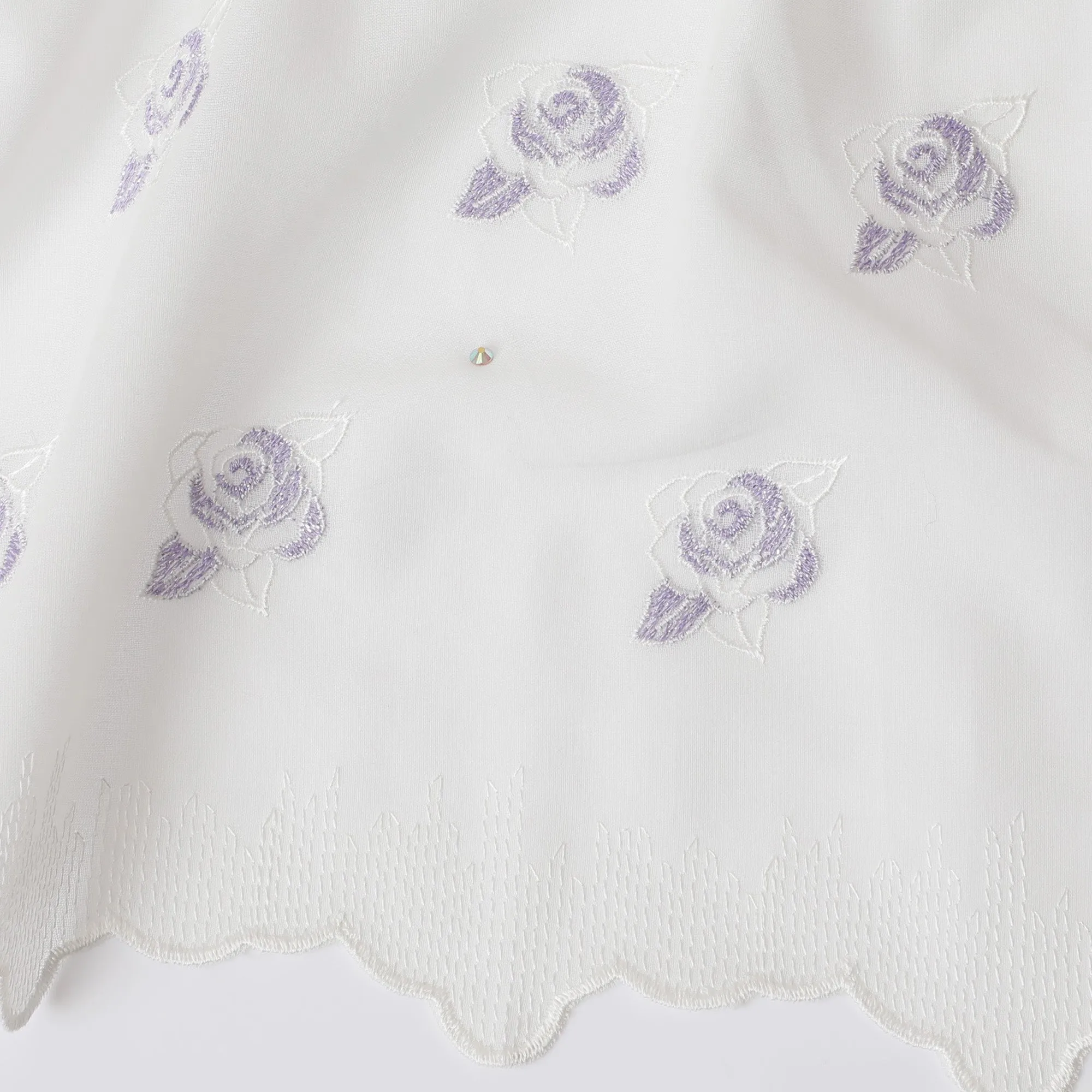 White Premium Swiss Cotton Voile Fabric with Blue Rose Embroidery - Traditional Thobe Material, 140 cm Wide-D20193