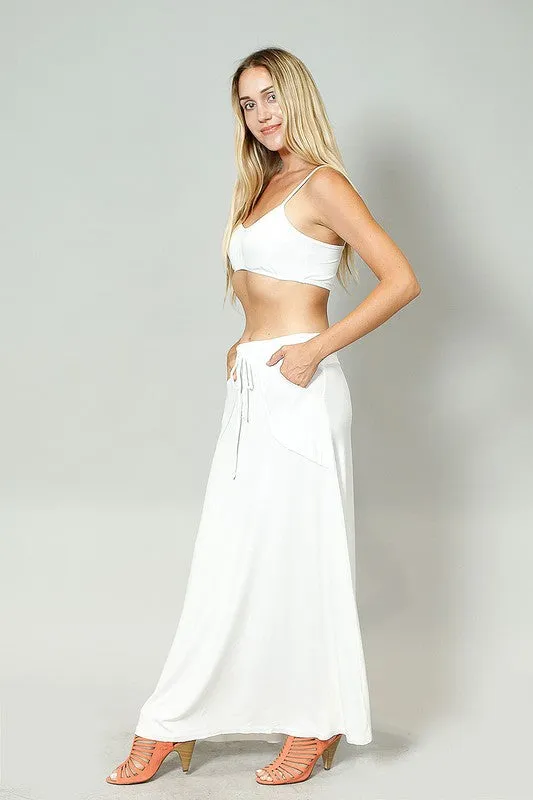 White Rayon Span Cargo Pocket Maxi Skirt