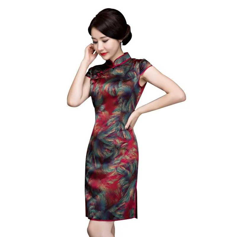 Winnal Textured Floral Silk Cheongsam Dress Red