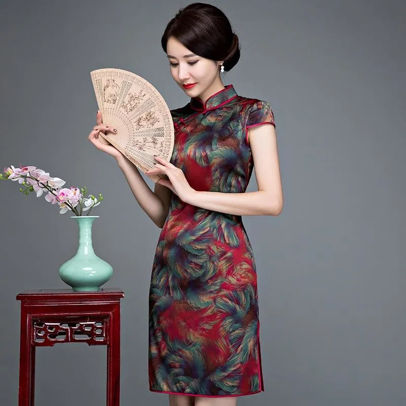 Winnal Textured Floral Silk Cheongsam Dress Red