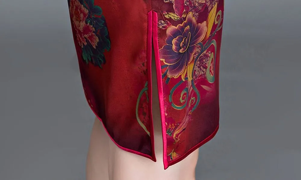 Winnal Textured Floral Silk Cheongsam Dress Red