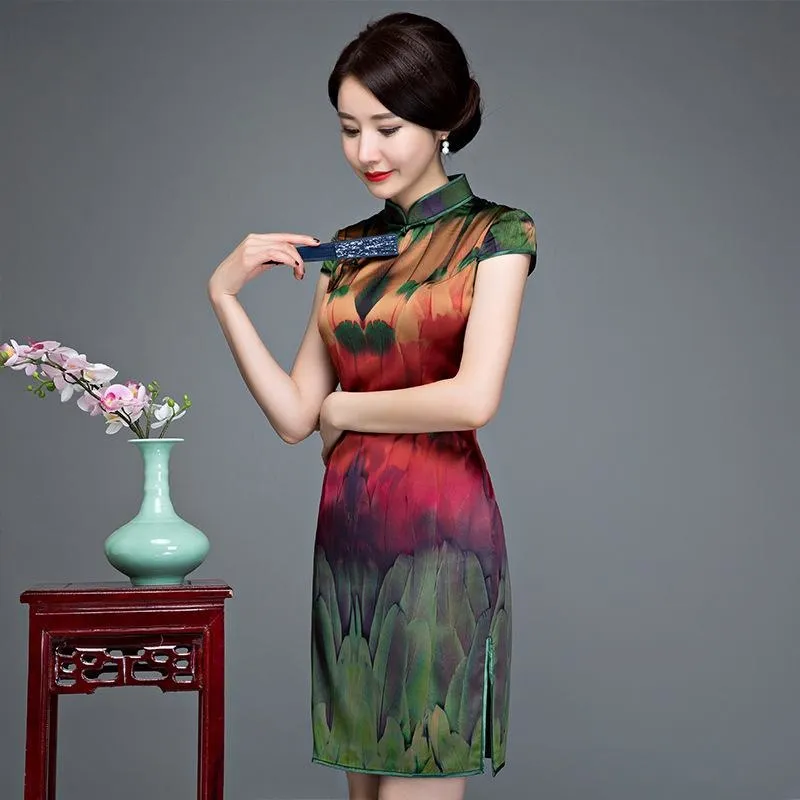 Winnal Textured Floral Silk Cheongsam Dress Red