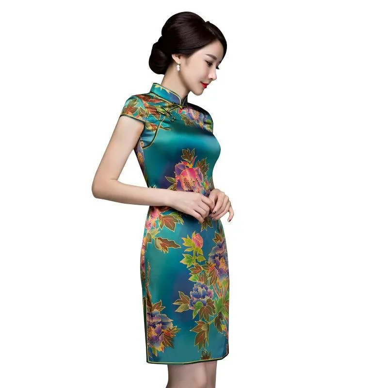 Winnal Textured Floral Silk Cheongsam Dress Red