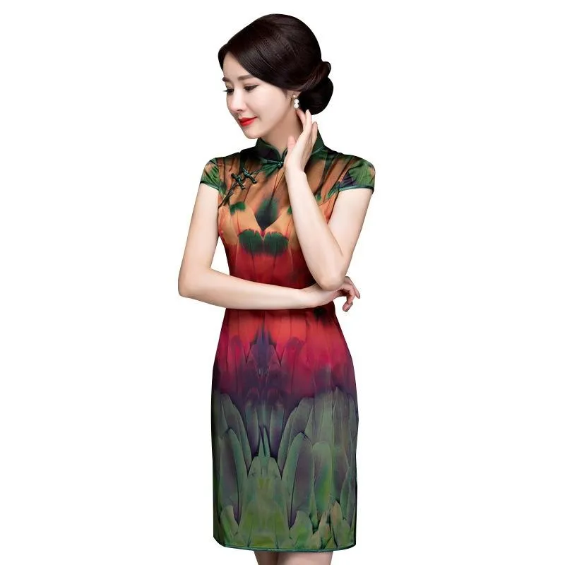 Winnal Textured Floral Silk Cheongsam Dress Red