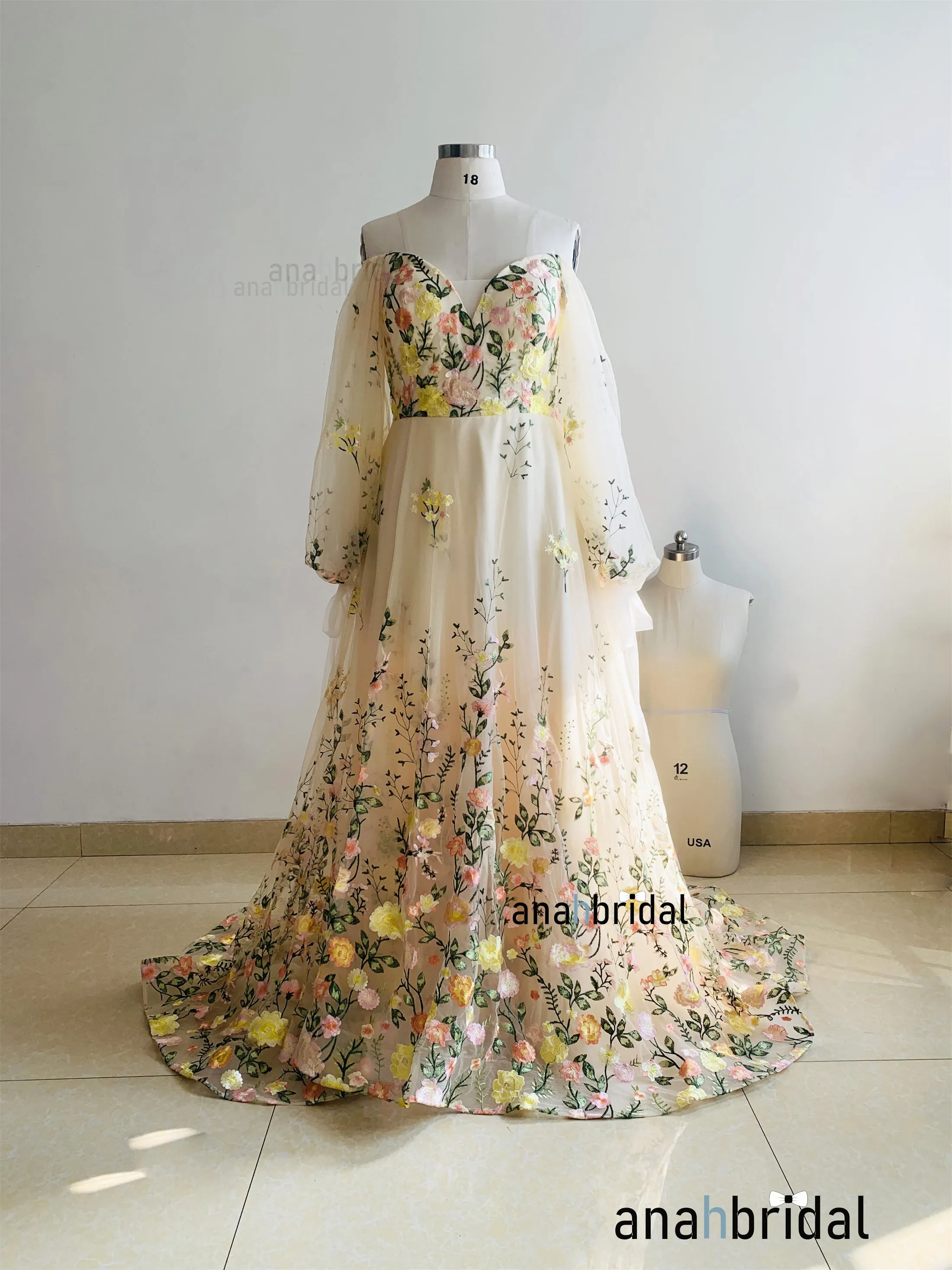 Yellow Floral Lace Charming Wedding Dress