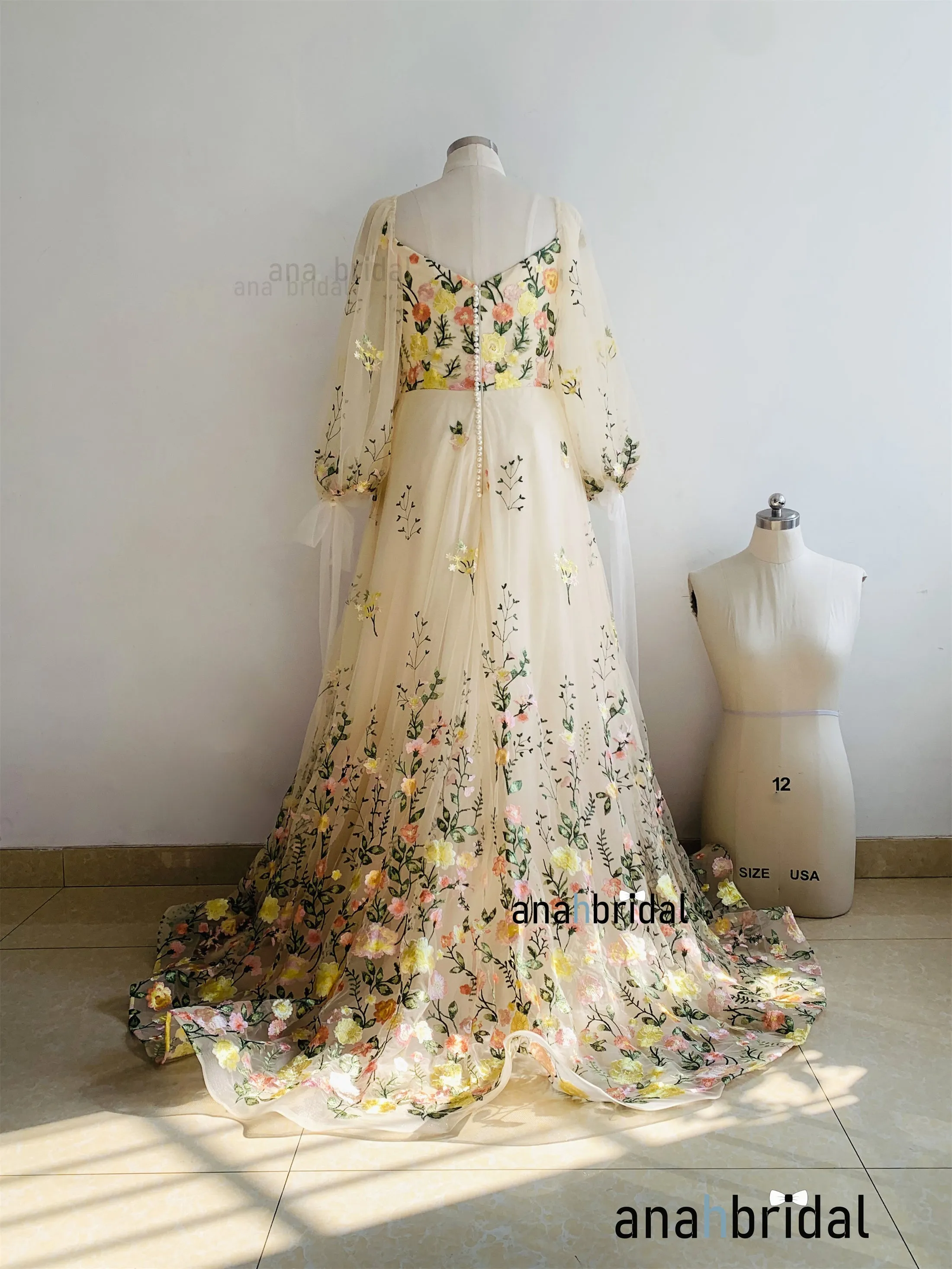 Yellow Floral Lace Charming Wedding Dress